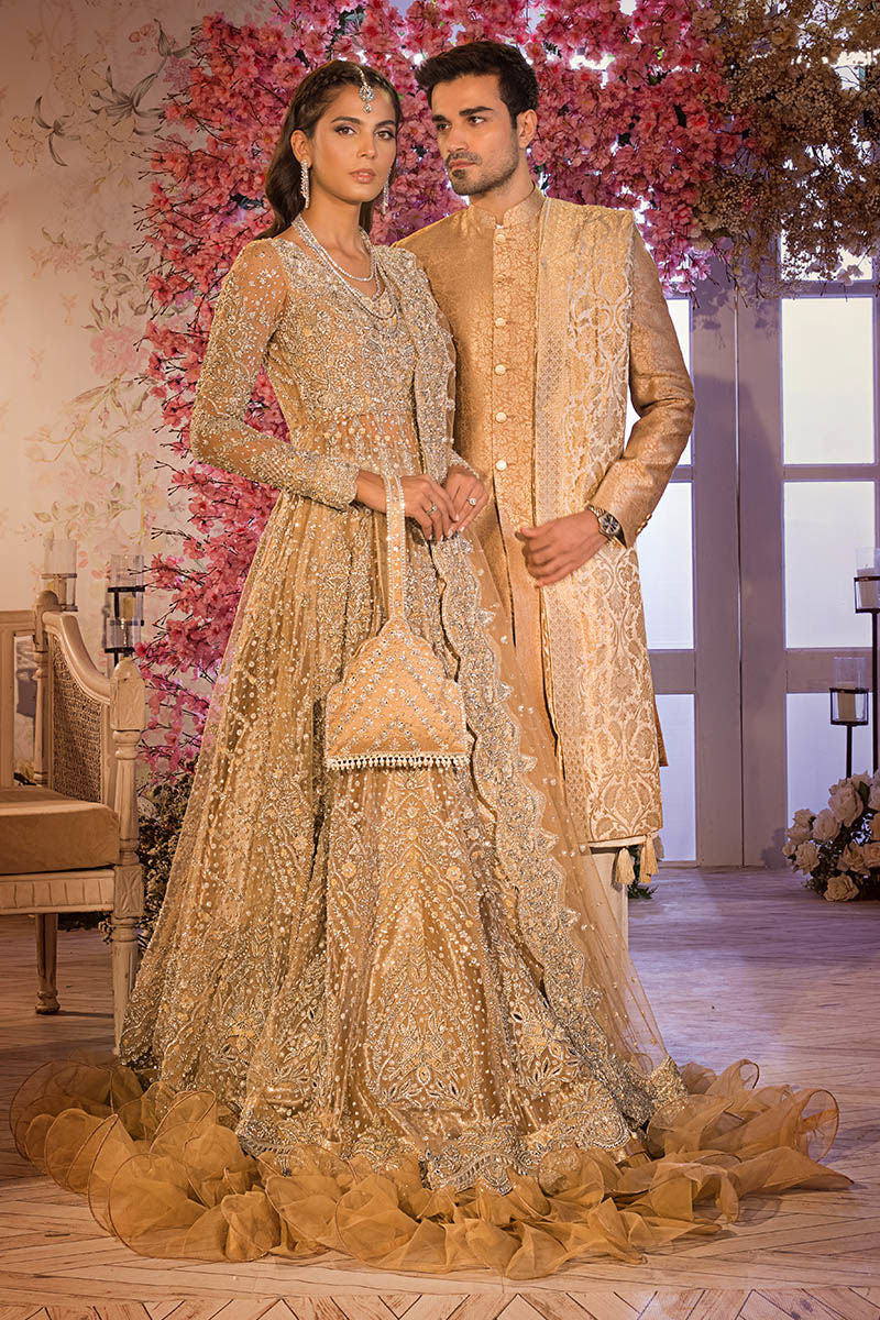 Gold Pakistani Bridal Dress in Gown and Lehenga Veil Dupatta Style UY Collection Gold Pakistani Bridal Dress in Gown and Lehenga Veil Dupatta Style UY Collection