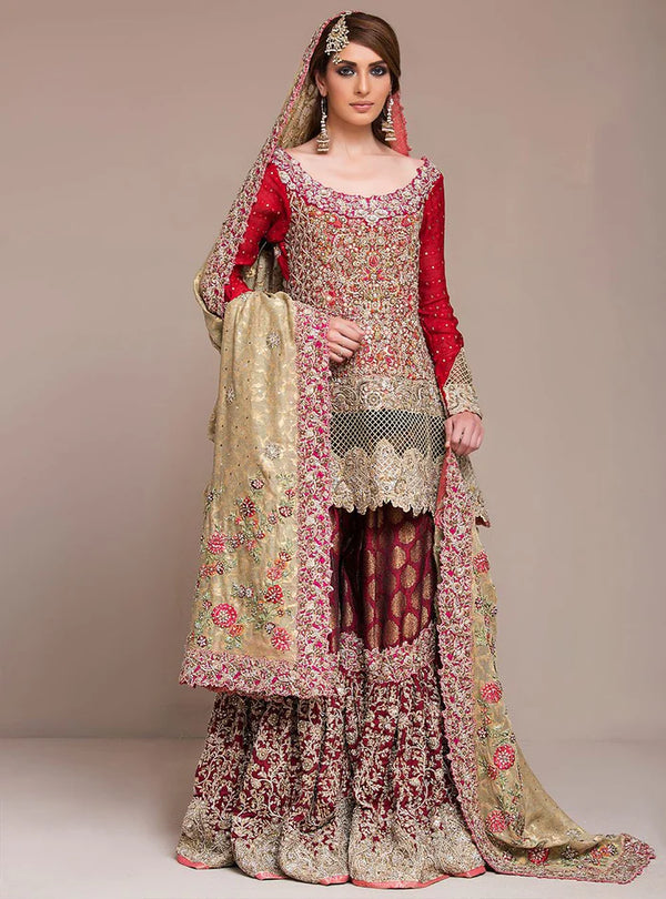 Pakistani Bridal Red And Maroon Bridal Gharara Gold Dupatta