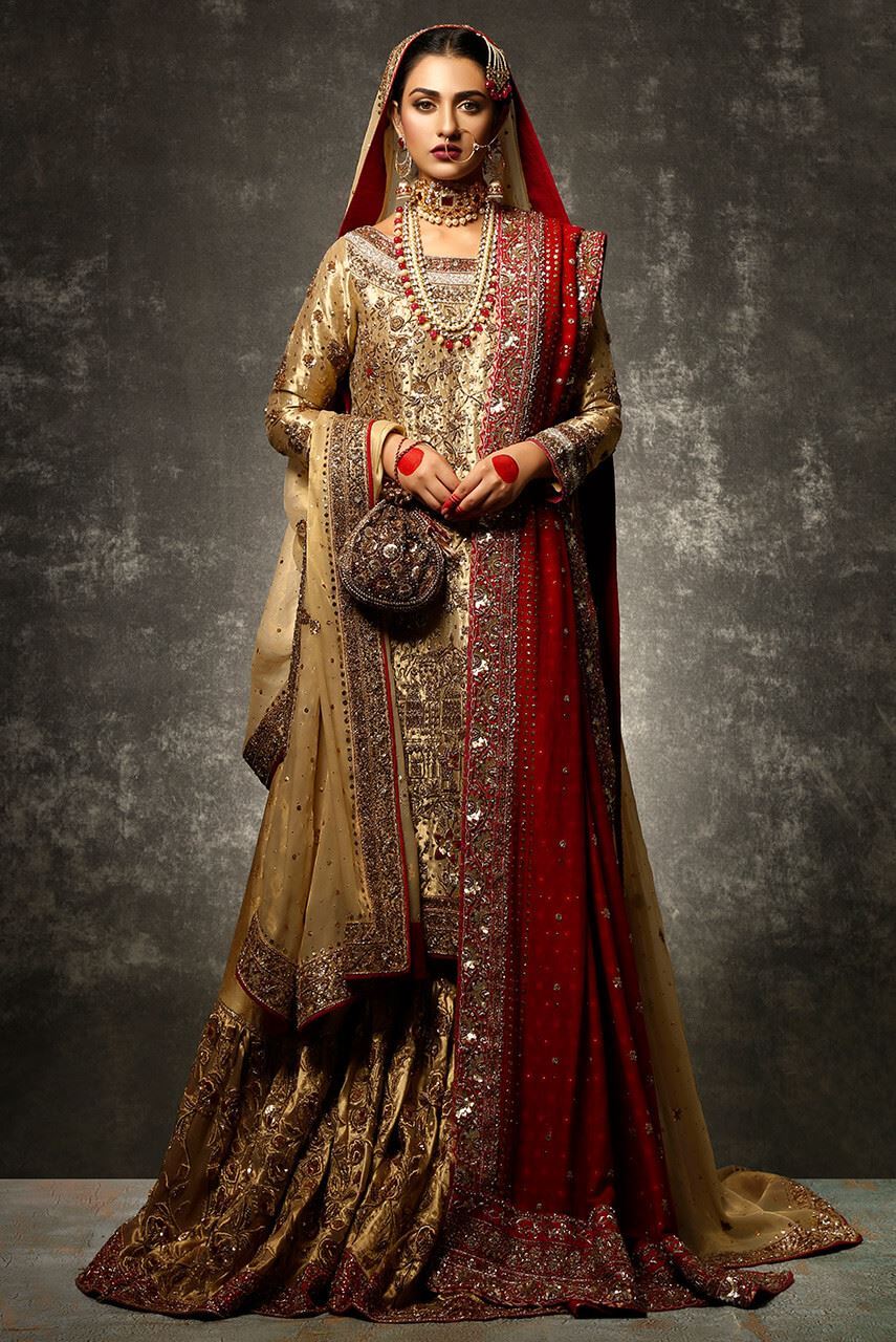 Embroidered Golden Pakistani Wedding Dress in Kameez lehenga Style