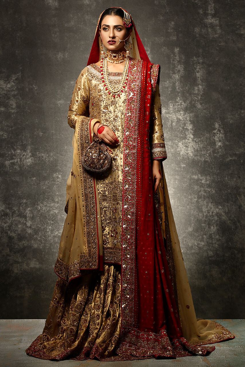 Embroidered Golden Pakistani Wedding Dress in Kameez lehenga Style