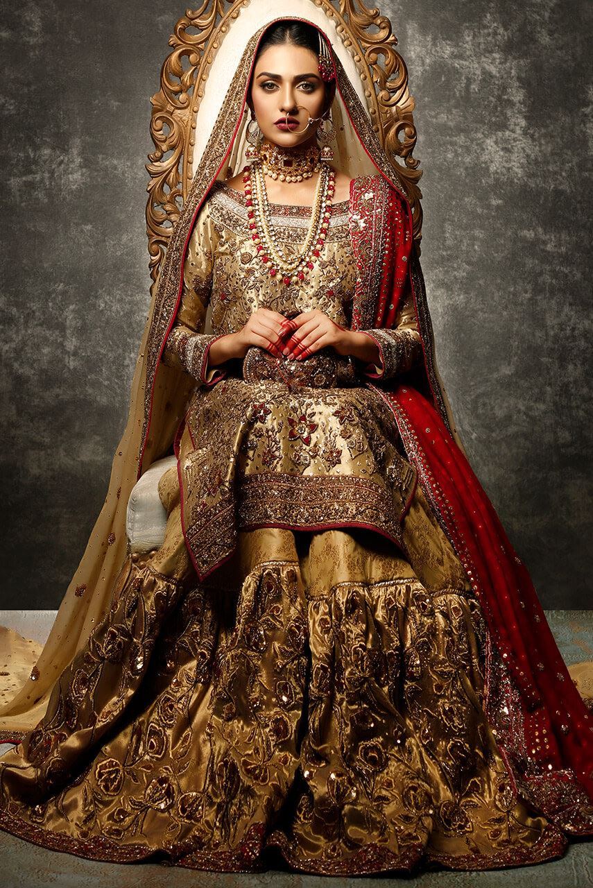 Embroidered Golden Pakistani Wedding Dress in Kameez lehenga Style