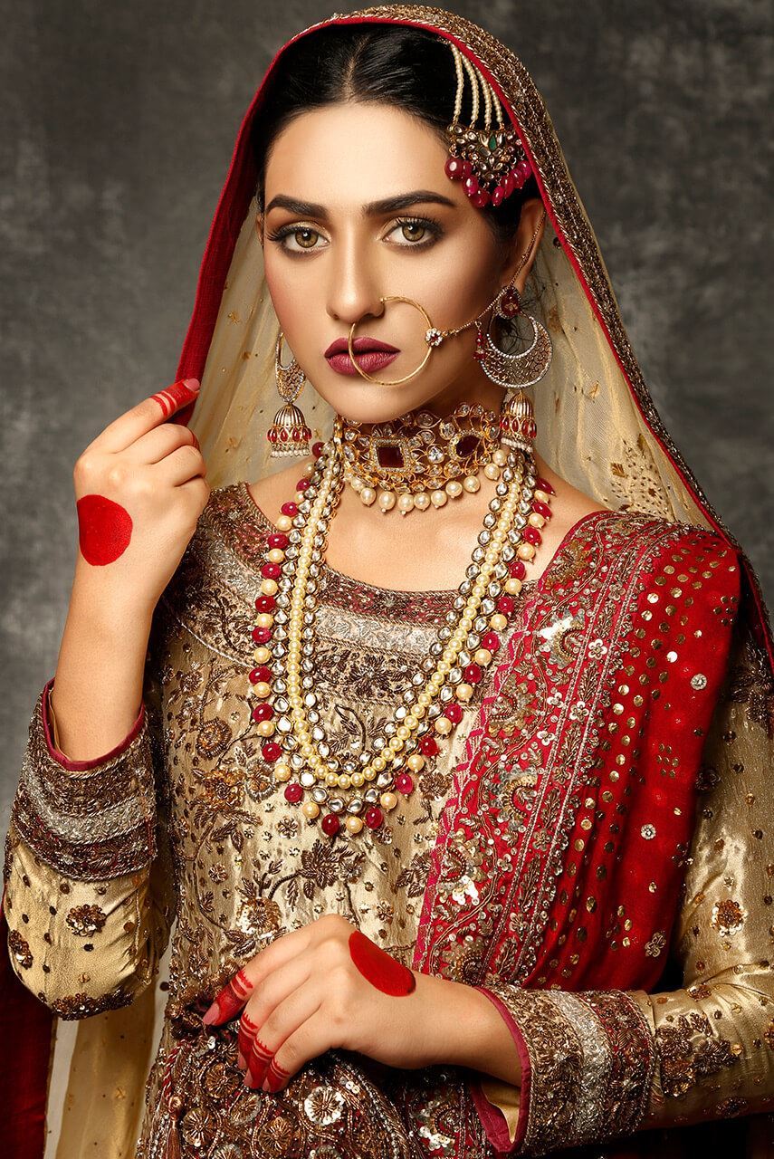 Embroidered Golden Pakistani Wedding Dress in Kameez lehenga Style