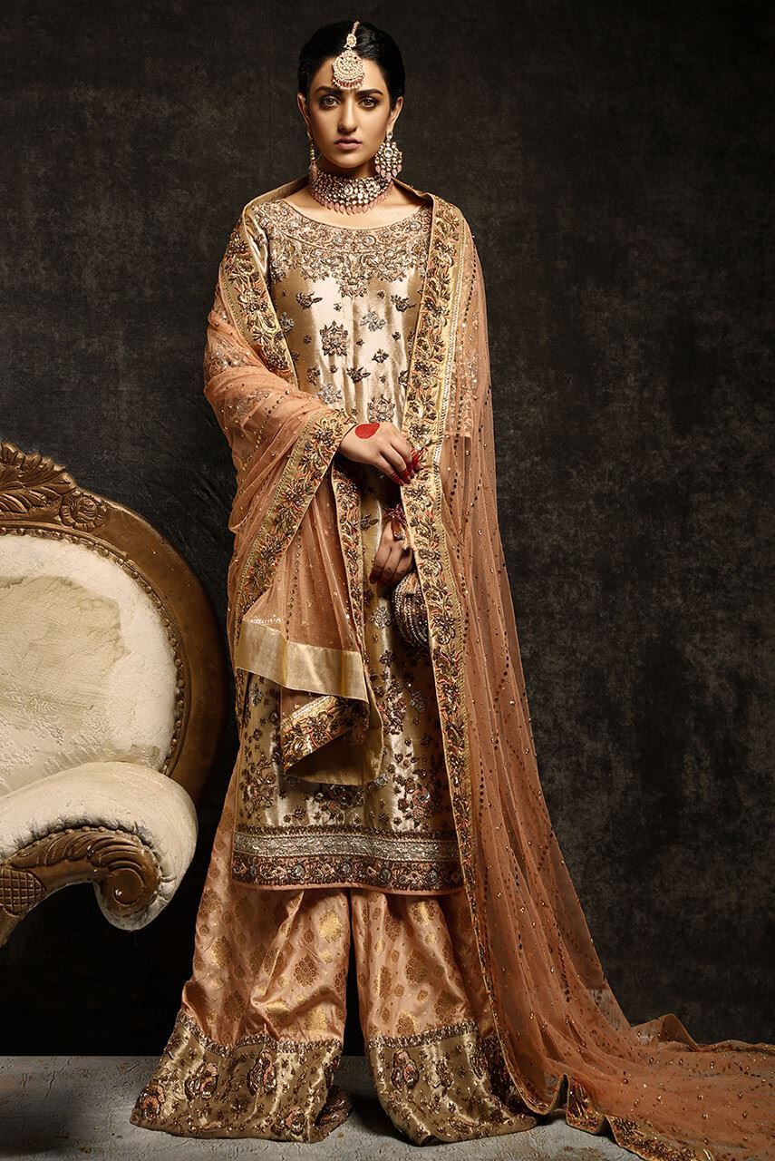 Pakistani Bridal Dress in Tissue Shirt Gharara Style