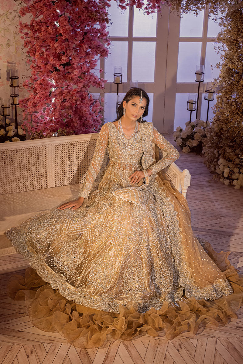 Gold Pakistani Bridal Dress in Gown and Lehenga Veil Dupatta Style UY Collection Gold Pakistani Bridal Dress in Gown and Lehenga Veil Dupatta Style UY Collection