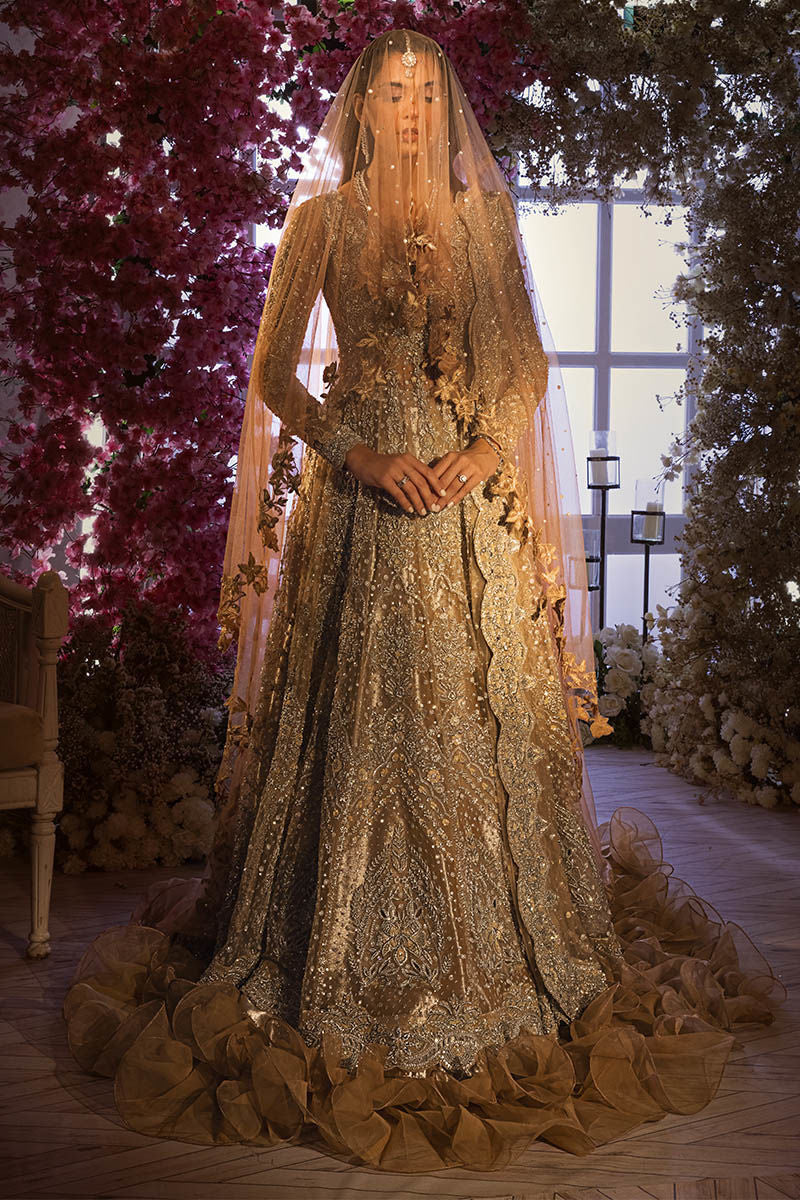 Gold Pakistani Bridal Dress in Gown and Lehenga Veil Dupatta Style UY Collection Gold Pakistani Bridal Dress in Gown and Lehenga Veil Dupatta Style UY Collection