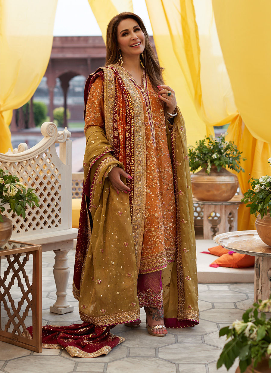 orange color combination dress pakistani Orange Angrakha Style Pakistani Wedding Dress, Embroidered Zari Net Dupatta