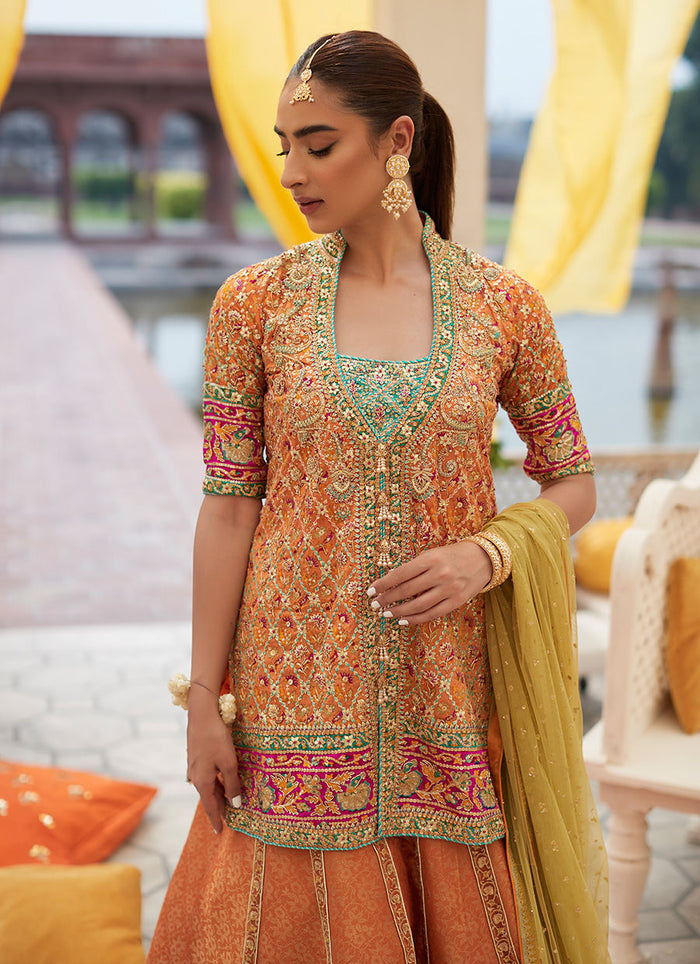 ZARMINAY MAYUN FRONT OPEN ORANGE SHIRT DHAKHA