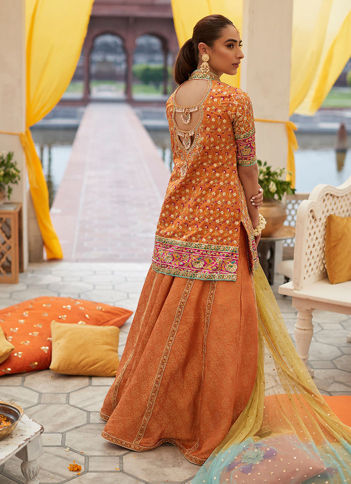 ZARMINAY MAYUN FRONT OPEN ORANGE SHIRT DHAKHA