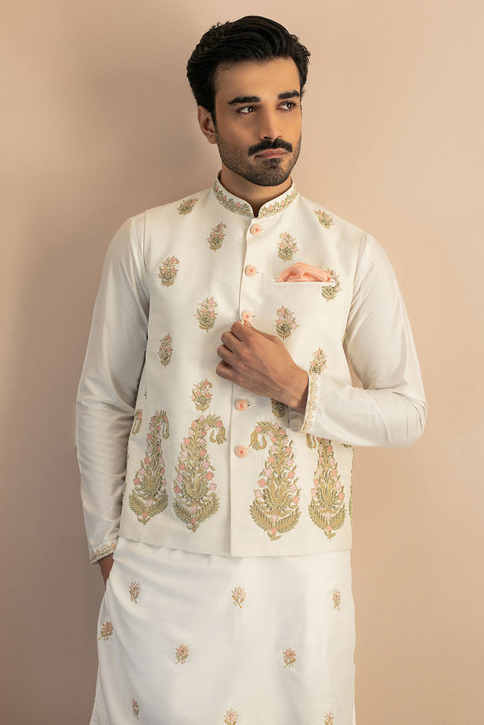 White Raw Silk Waistcoat with Copper Embroidery – JKT1331