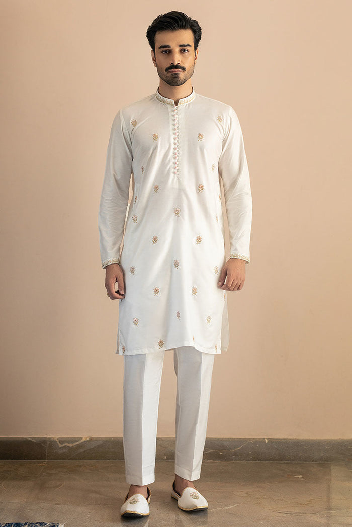 White Raw Silk Waistcoat with Copper Embroidery – JKT1331