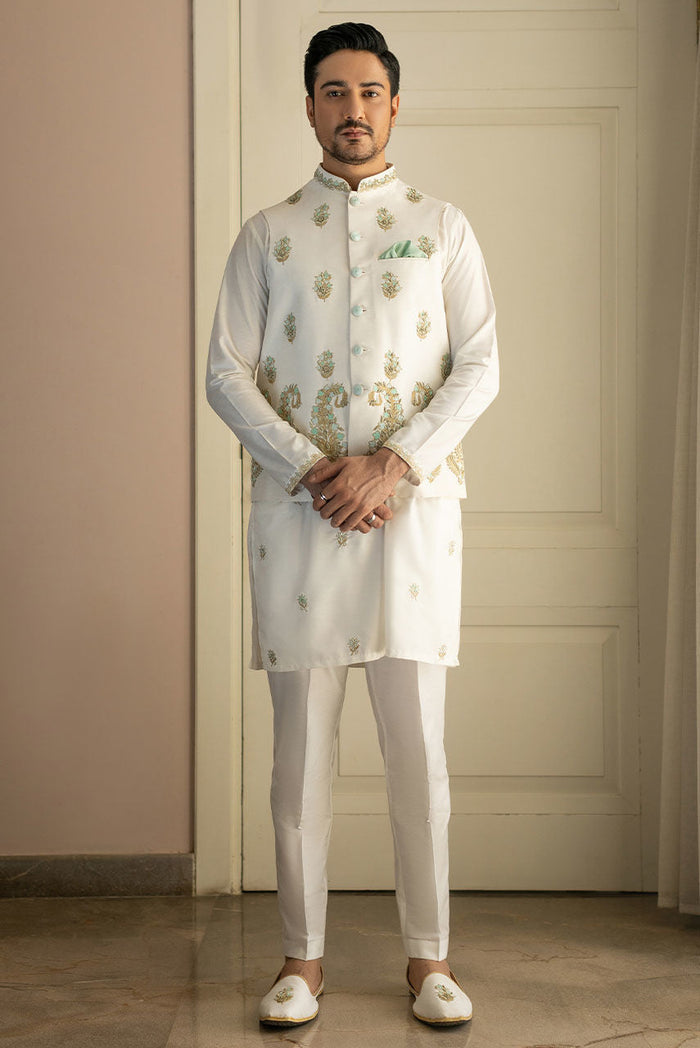 Ivory Raw Silk Waistcoat & Kurta with Copper Embroidery – JKT1332