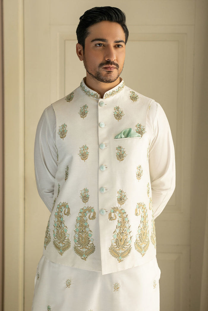 Ivory Raw Silk Waistcoat & Kurta with Copper Embroidery – JKT1332