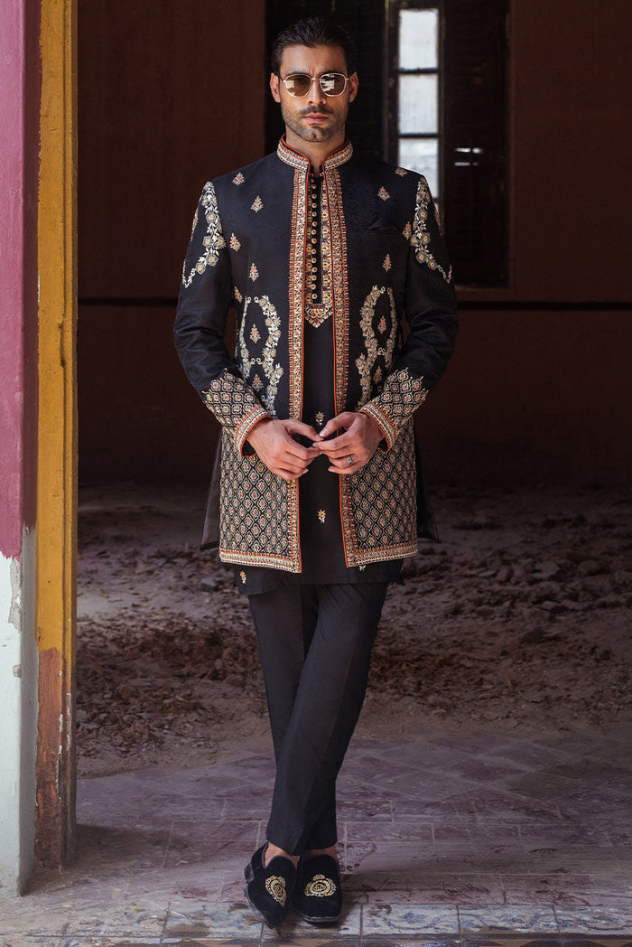 Black Raw Silk Embroidered Jacket & Kurta Pajama – JKT1441