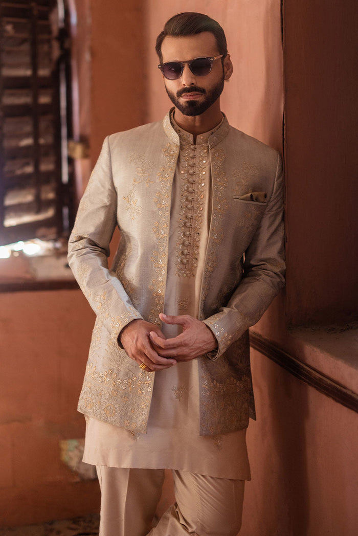 Light Grey Raw Silk Jacket & Beige Kurta Pajama – JKT1443