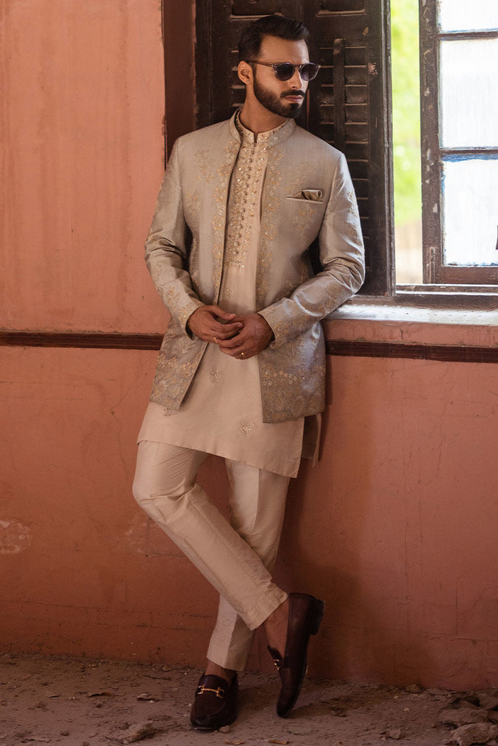 Light Grey Raw Silk Jacket & Beige Kurta Pajama – JKT1443