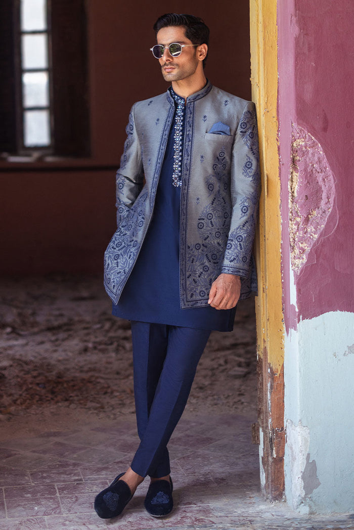 Silver Grey Raw Silk Jacket & Blue Kurta Pajama – JKT1442