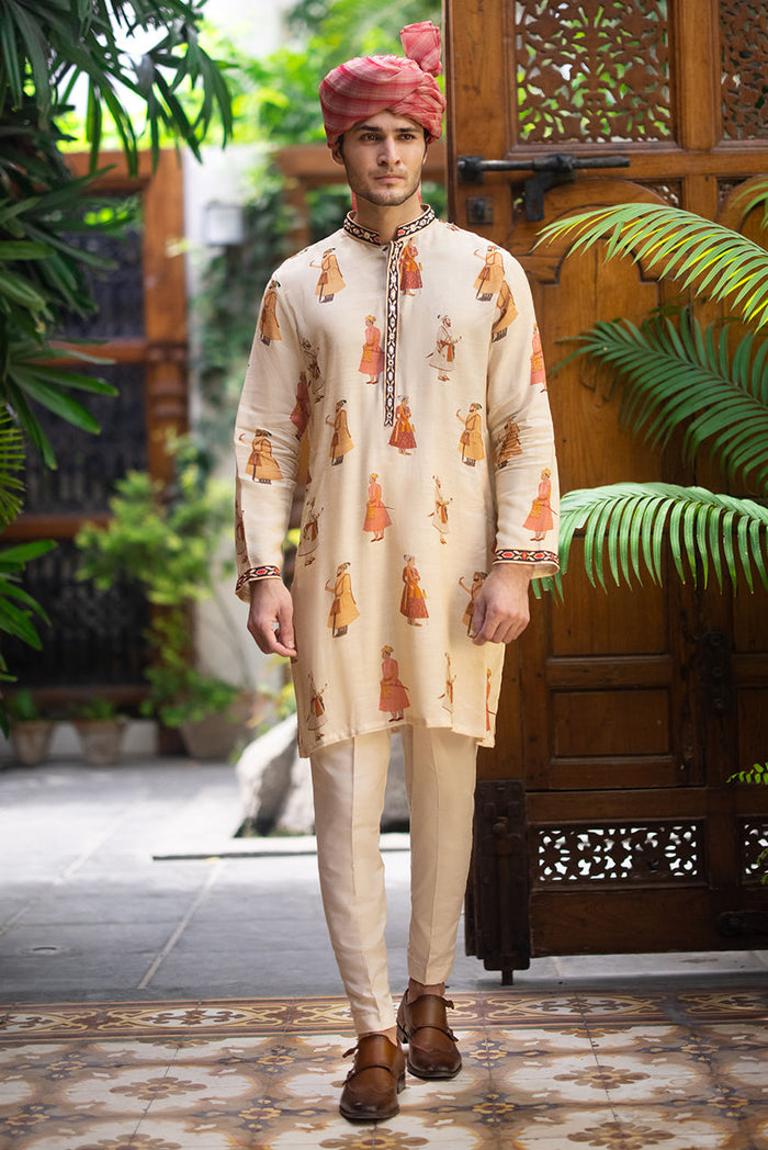 Off White Printed Maharaja Kurta Pajama – KUR1379