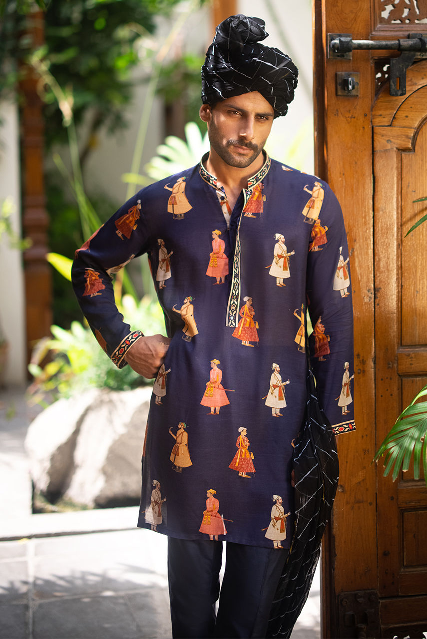 Navy Blue Printed Maharaja Kurta Pajama – KUR1380