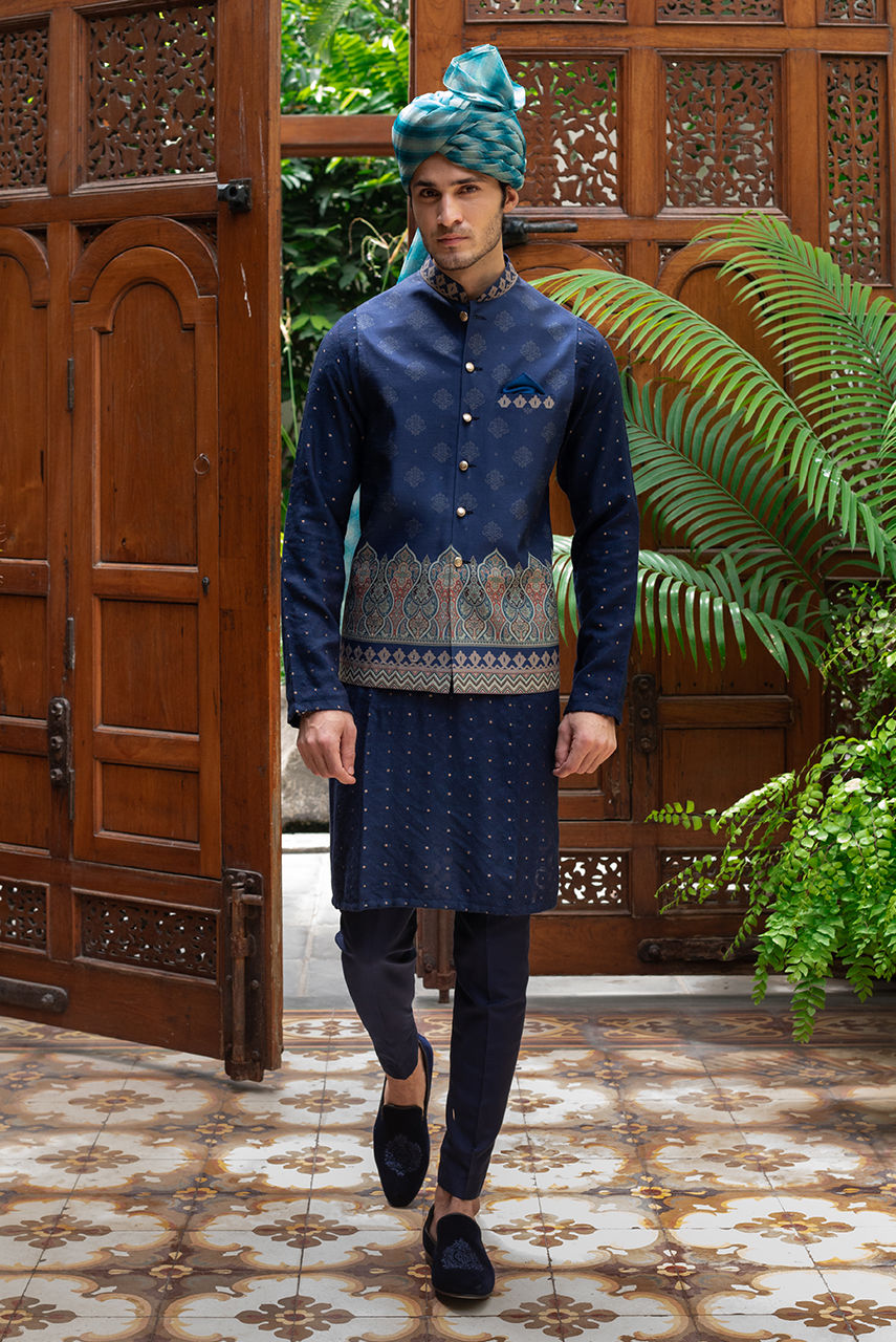 Royal Blue Kurta Pajama with Printed Waistcoat – JKT1462