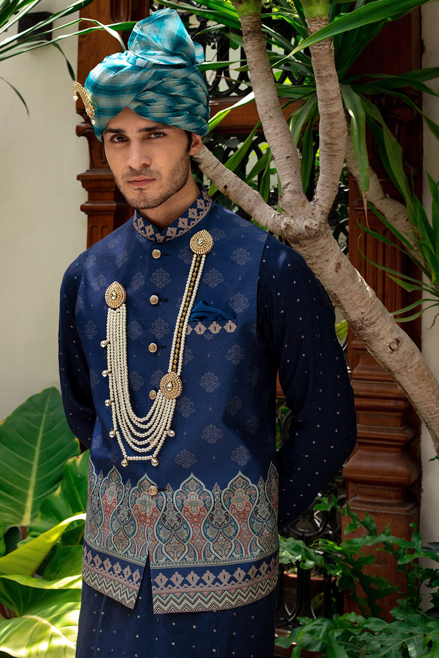 Royal Blue Kurta Pajama with Printed Waistcoat – JKT1462