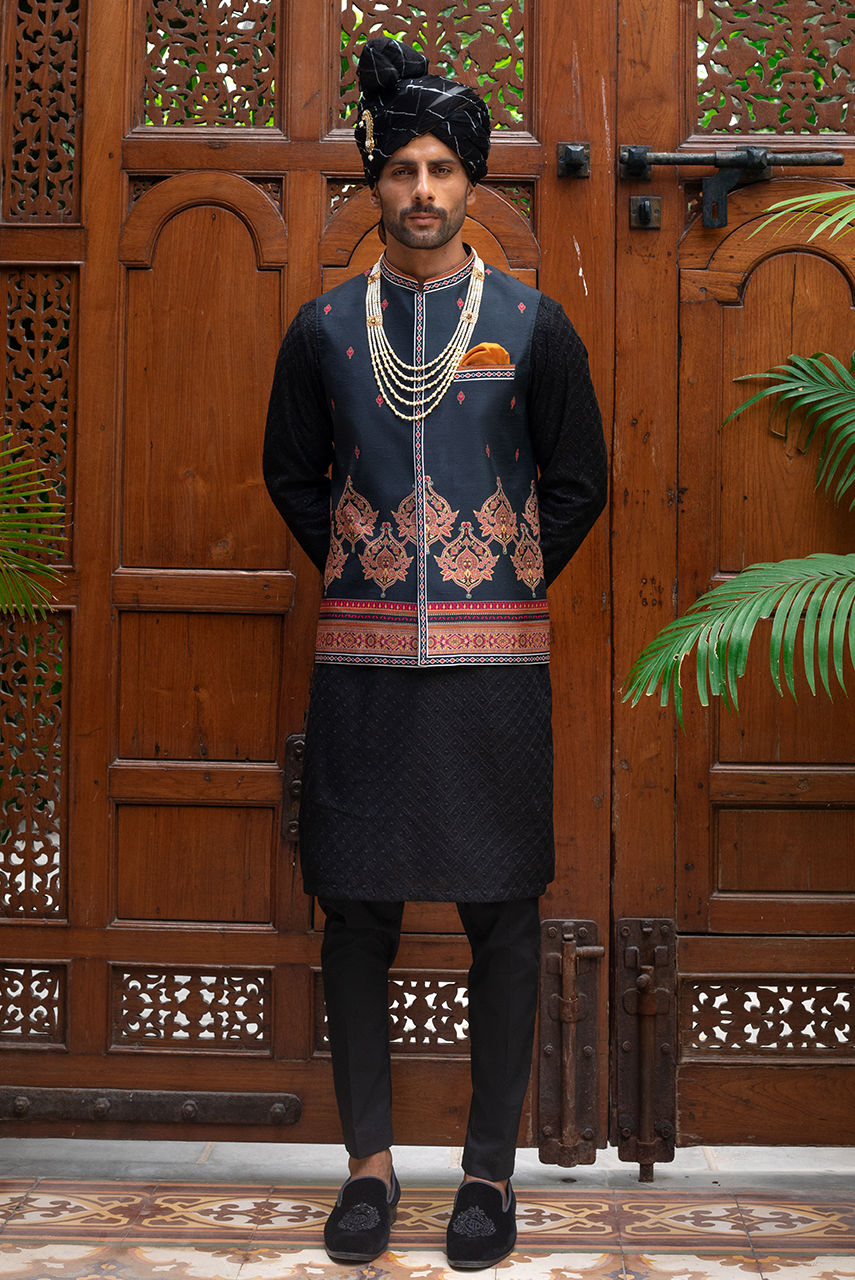 Black Chikan Kurta Pajama with Printed Waistcoat – JKT1463