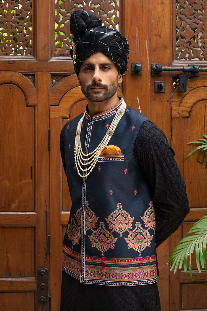 Black Chikan Kurta Pajama with Printed Waistcoat – JKT1463