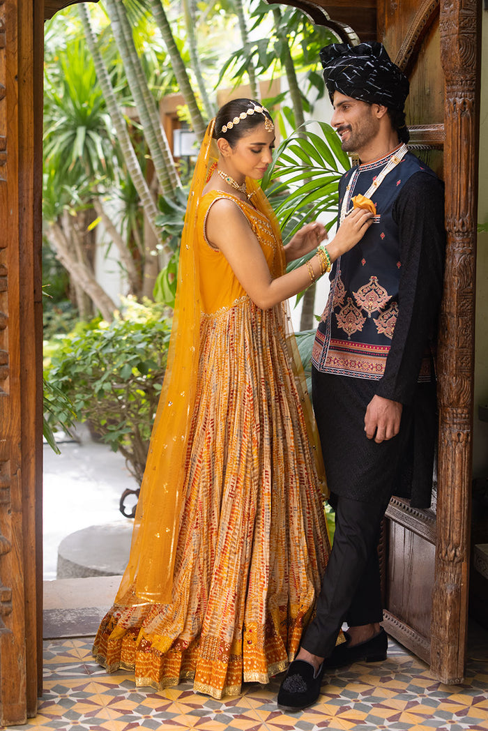 Black Chikan Kurta Pajama with Printed Waistcoat – JKT1463