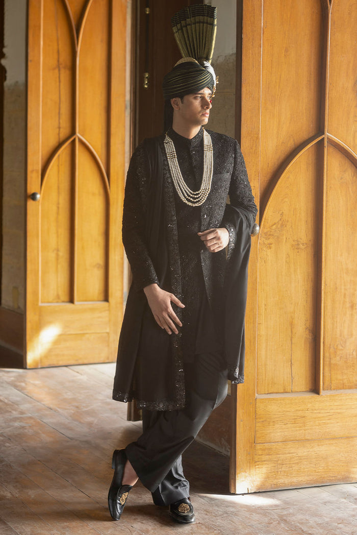 Black Dreams – Hand-Embroidered Black Sherwani Set