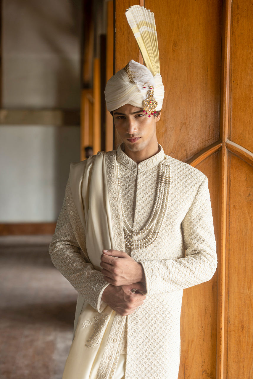 Pearl Symphony – Ivory Hand-Embroidered Sherwani Set
