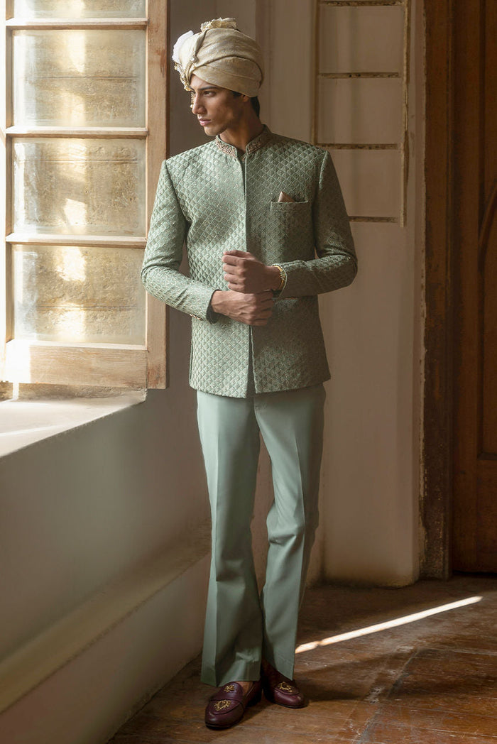 Jade – Sage Nehru Jacket & Raw Silk Kurta