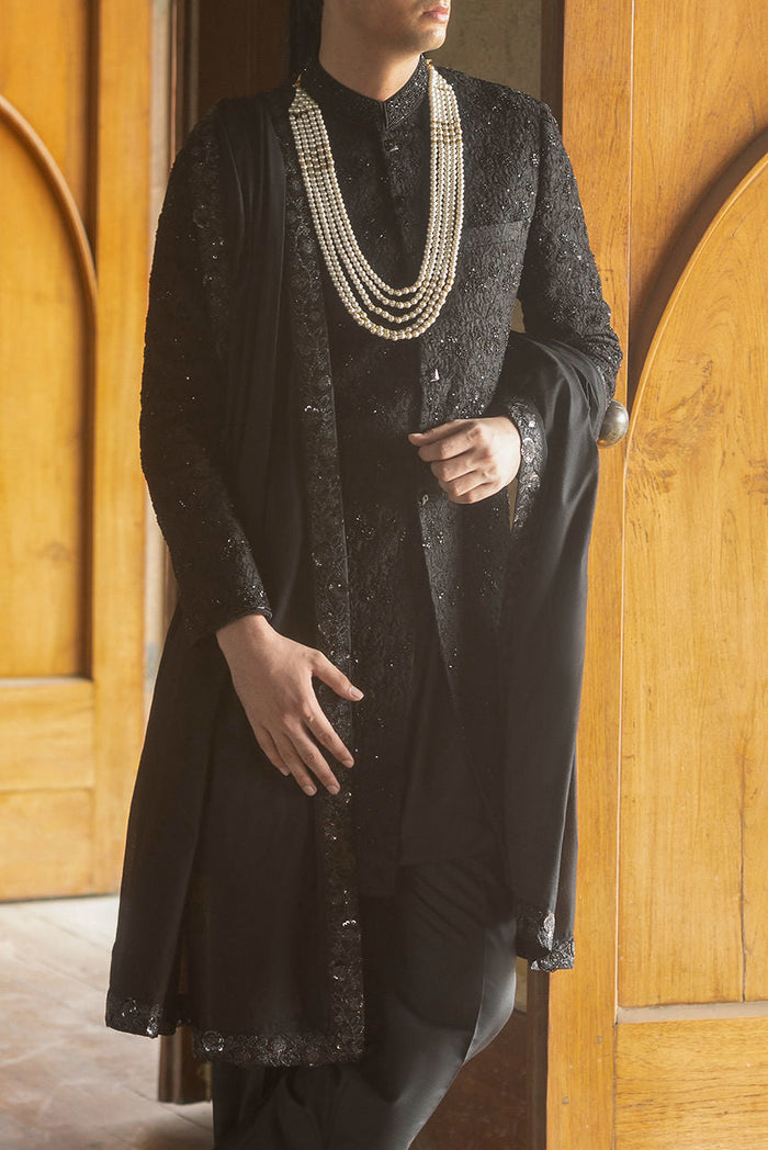 Black Dreams – Hand-Embroidered Black Sherwani Set