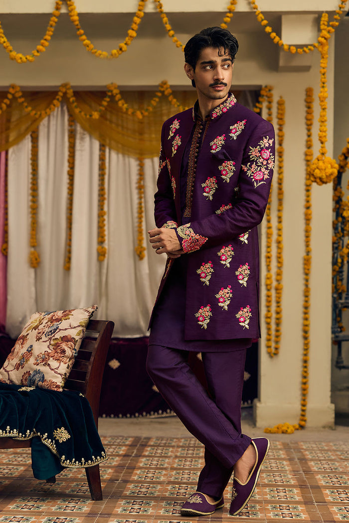Gul-e-Rana – Purple Raw Silk Jacket & Kurta Pajama