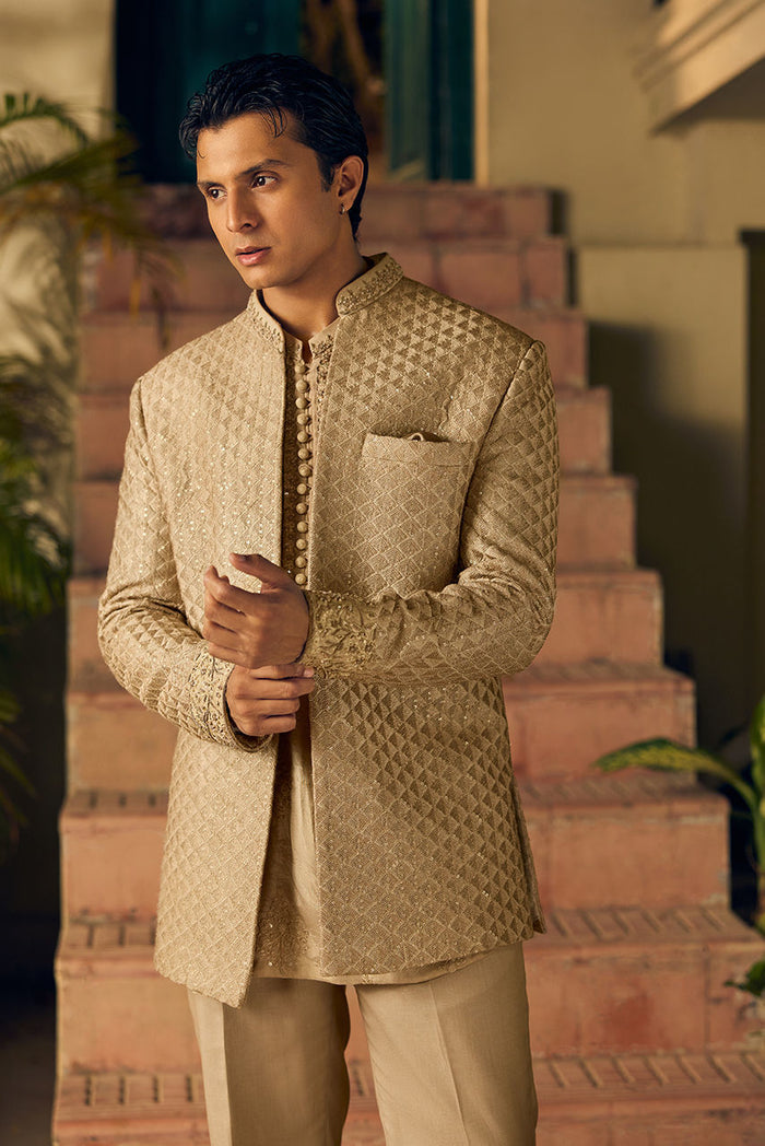 Light Gold Nehru Jacket & Raw Silk Kurta Set – MST815