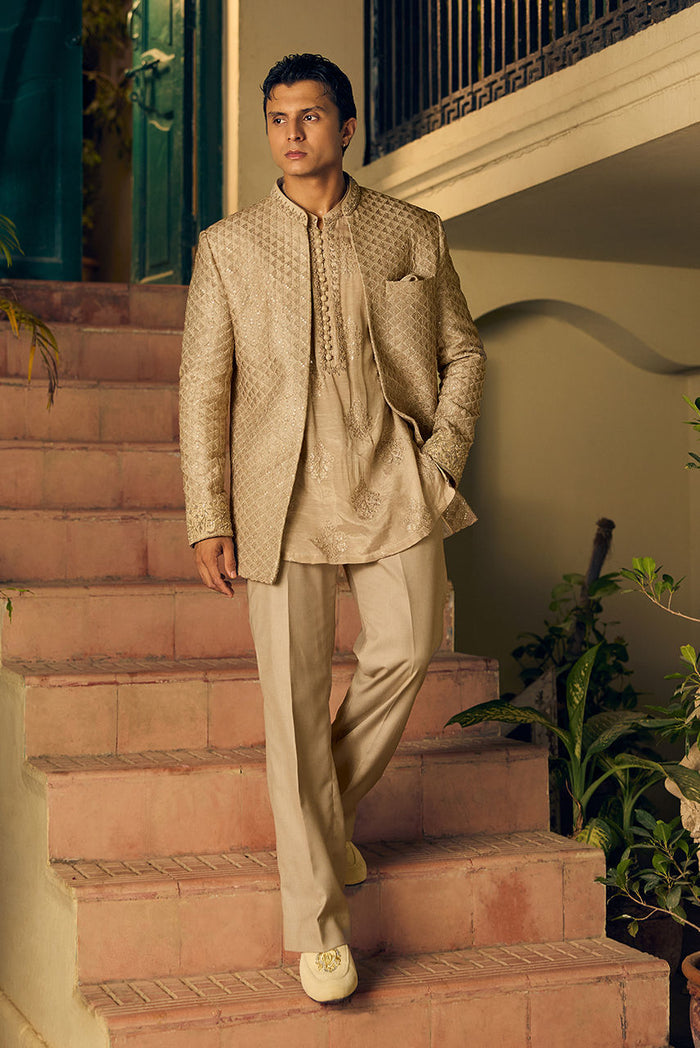 Light Gold Nehru Jacket & Raw Silk Kurta Set – MST815