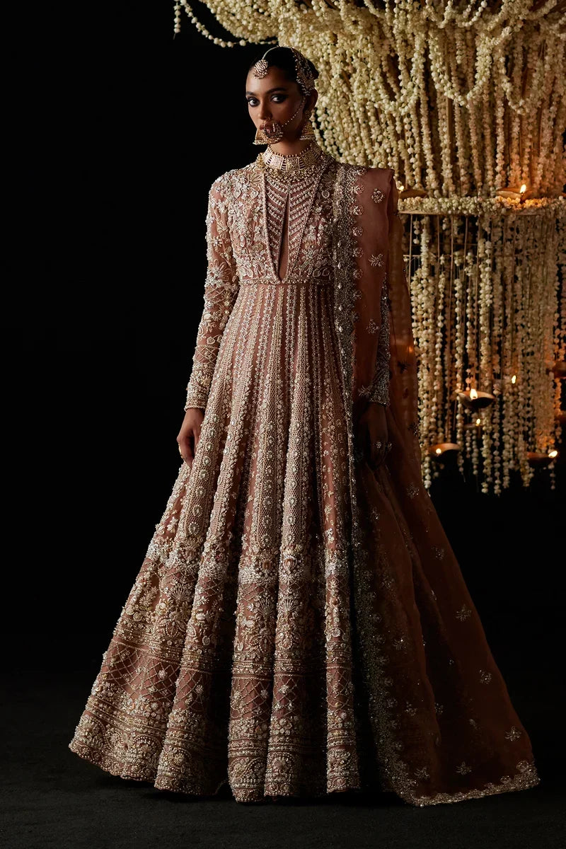 Zyva Chandni Bridal ’26 – Peach-Rust Pishwas with Zardozi | Saad Bin Shahzad