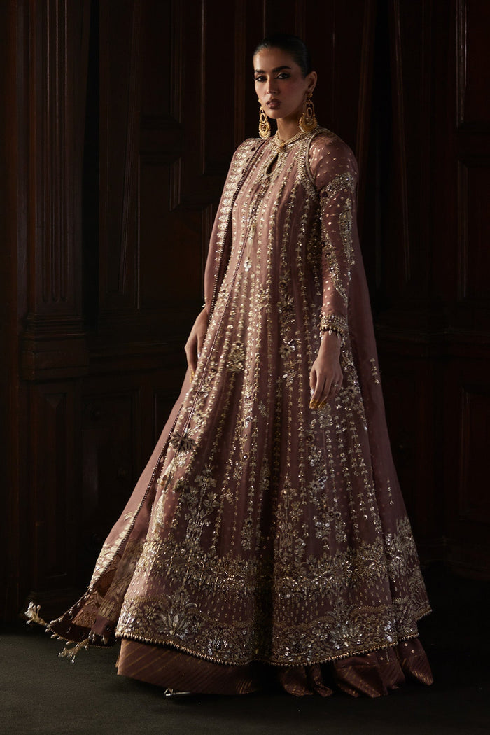 Rosalie: Rosewood Kaalidar with Zaari Silk Pishwas, Sharara & Embroidered Dupatta | Saad Bin Shahzad