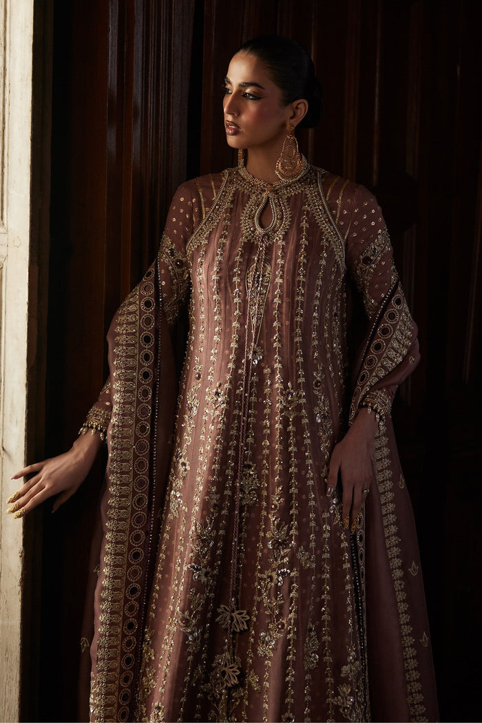 Rosalie: Rosewood Kaalidar with Zaari Silk Pishwas, Sharara & Embroidered Dupatta | Saad Bin Shahzad