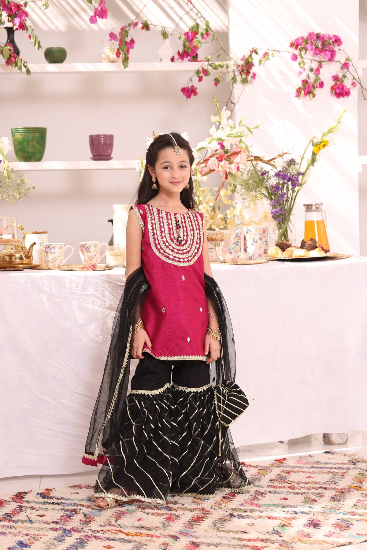 Mirror Embroidered Raw Silk & Net Gharara Suit