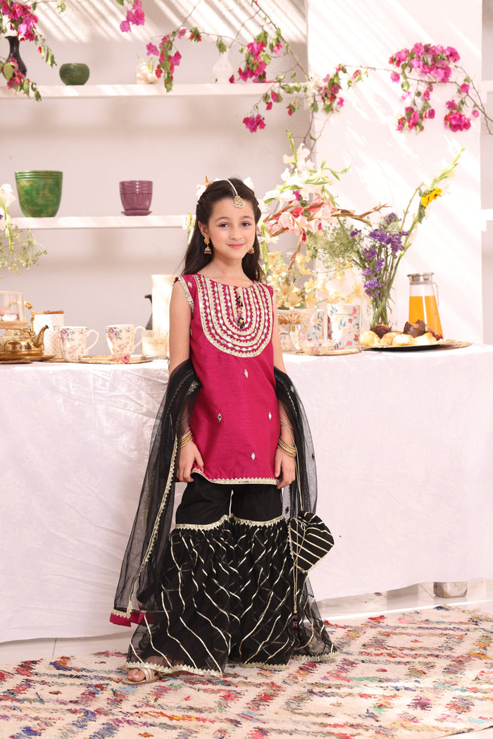 Mirror Embroidered Raw Silk & Net Gharara Suit