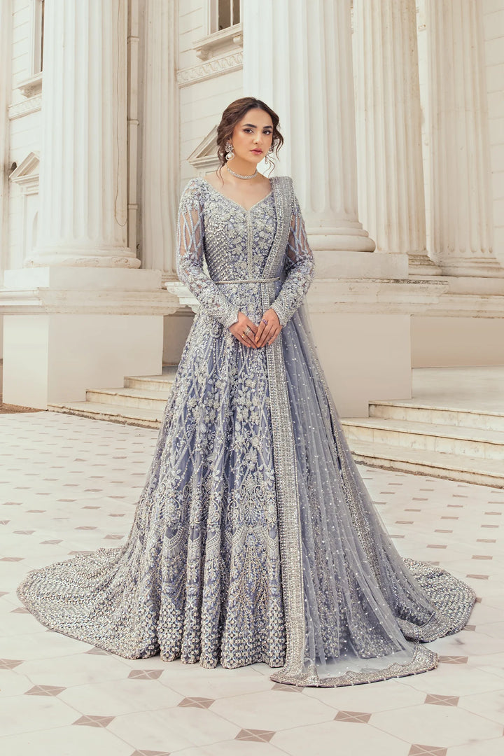 Pakistani Bridal Dress in Ice Blue long tail gown Style