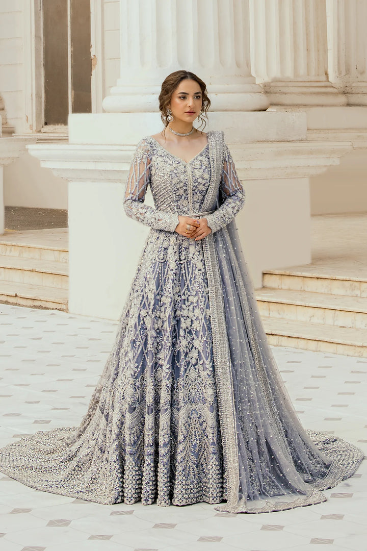 Pakistani Bridal Dress in Ice Blue long tail gown Style