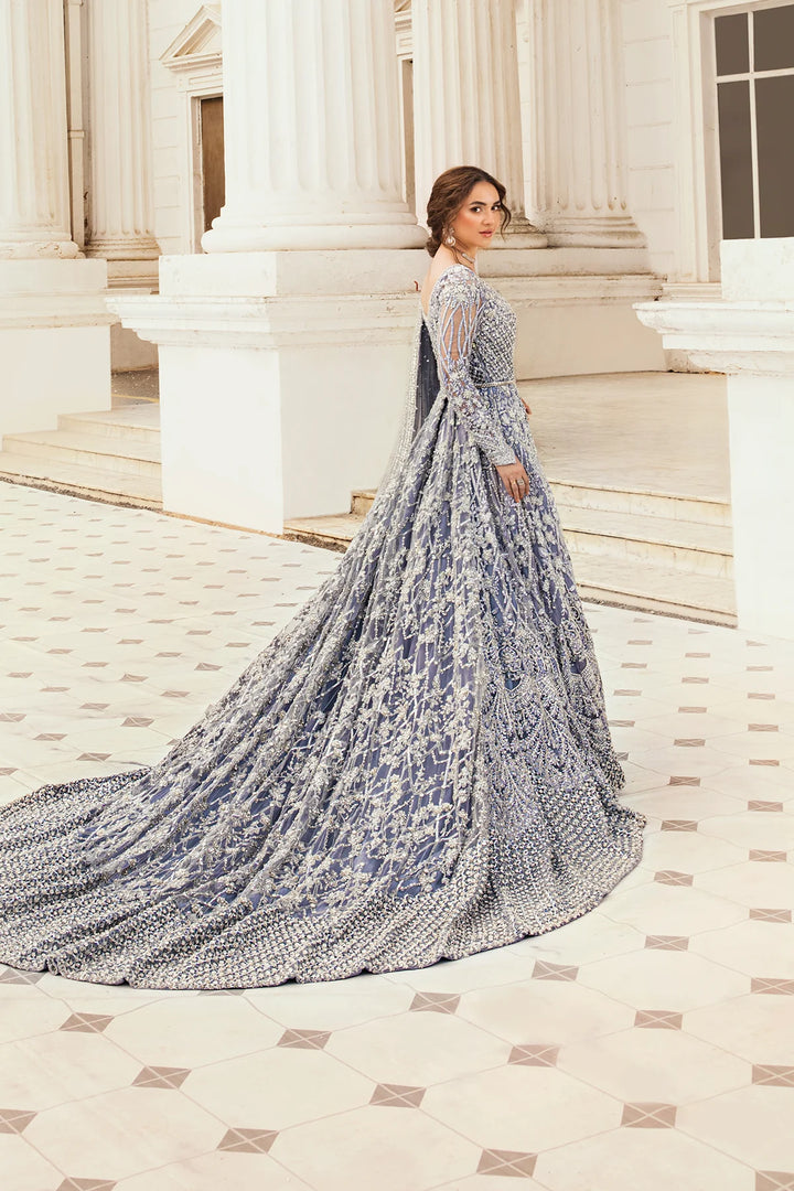 Pakistani Bridal Dress in Ice Blue long tail gown Style