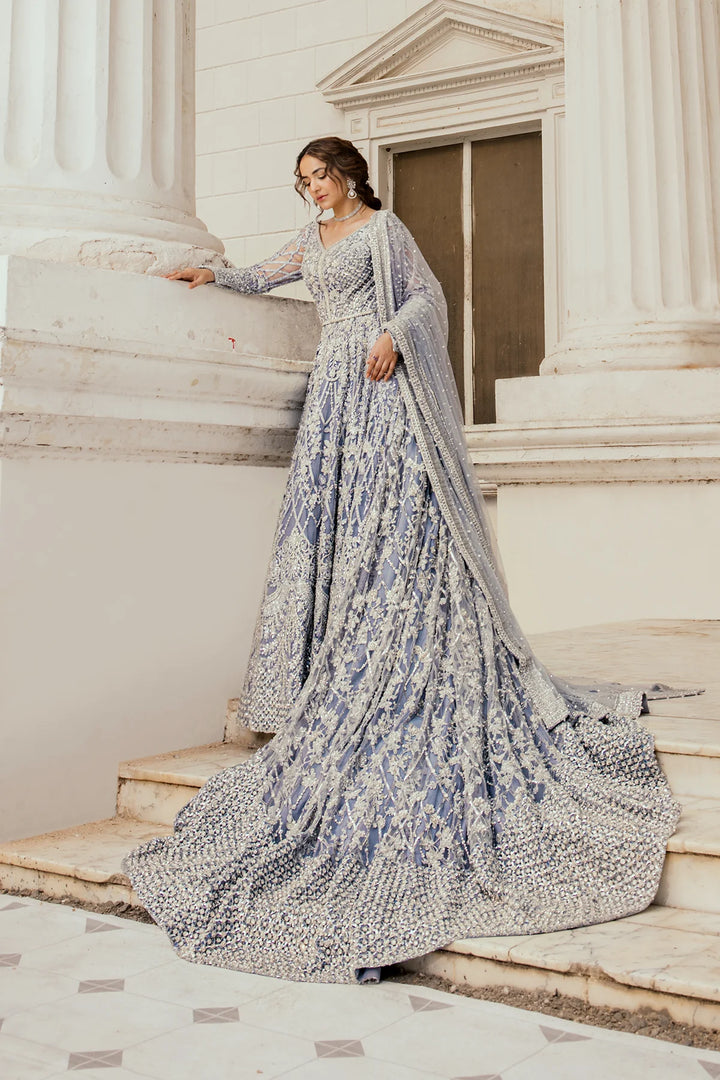 Pakistani Bridal Dress in Ice Blue long tail gown Style