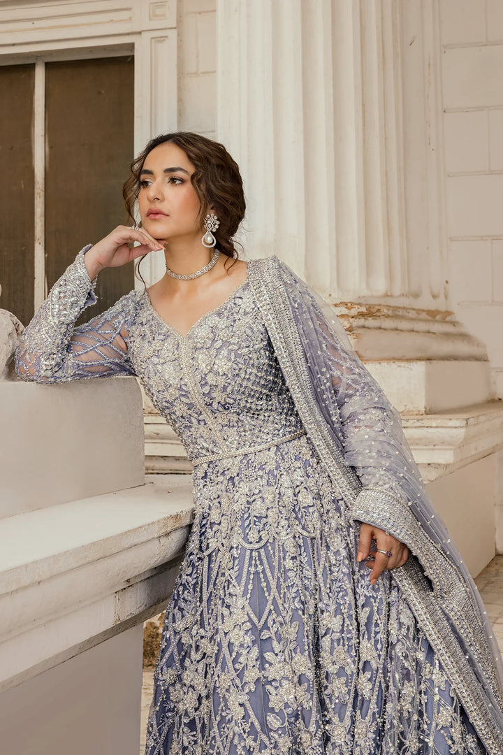 Pakistani Bridal Dress in Ice Blue long tail gown Style