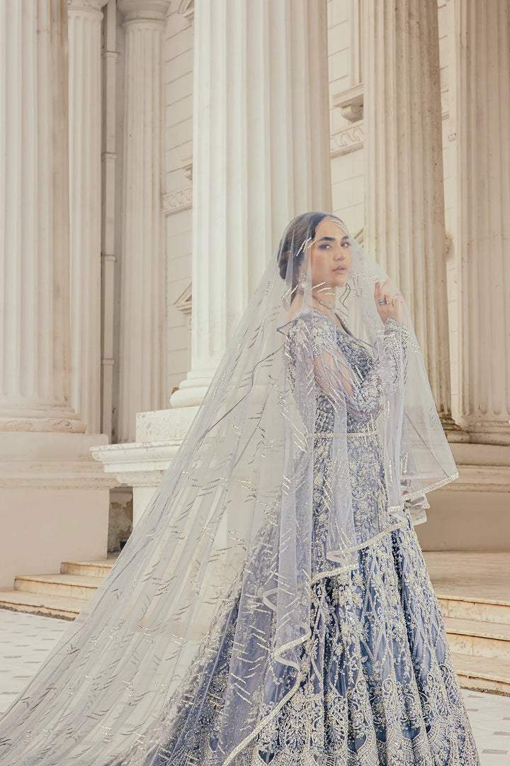 Pakistani Bridal Dress in Ice Blue long tail gown Style