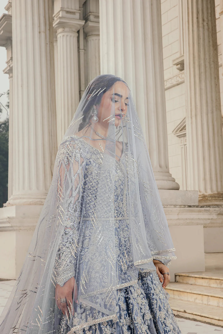 Pakistani Bridal Dress in Ice Blue long tail gown Style