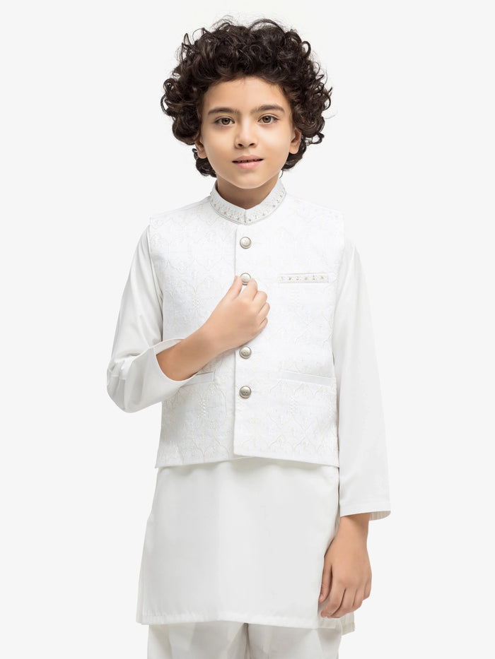 Off White Embroidered Cotton Waistcoat Suit