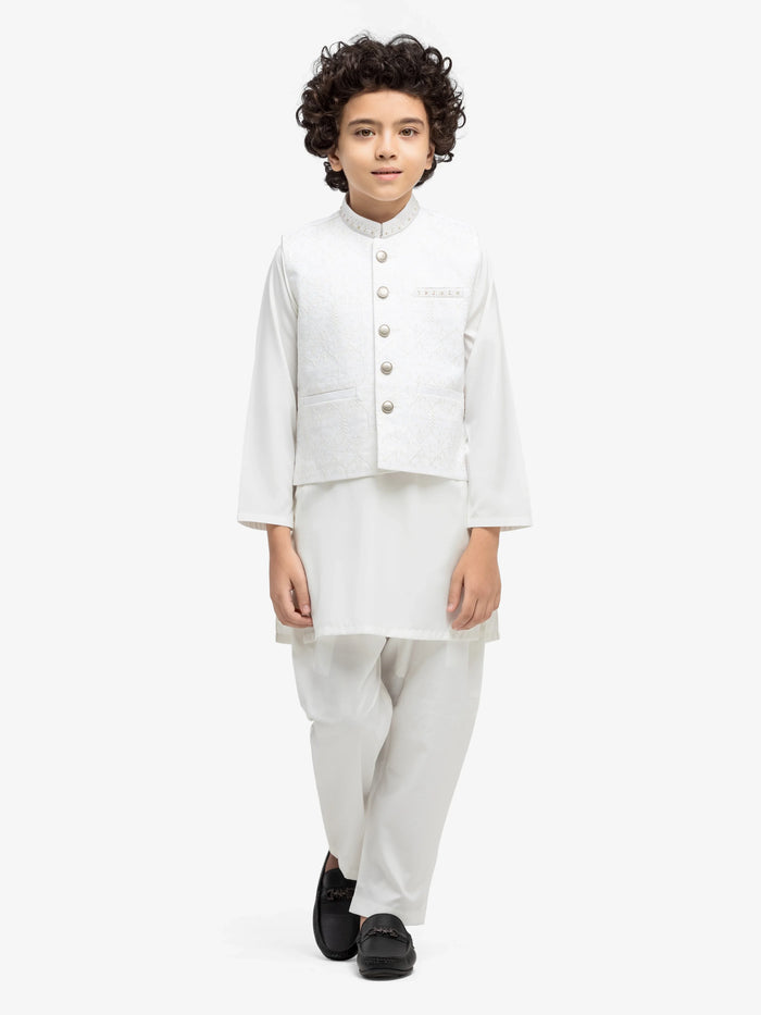 Off White Embroidered Cotton Waistcoat Suit