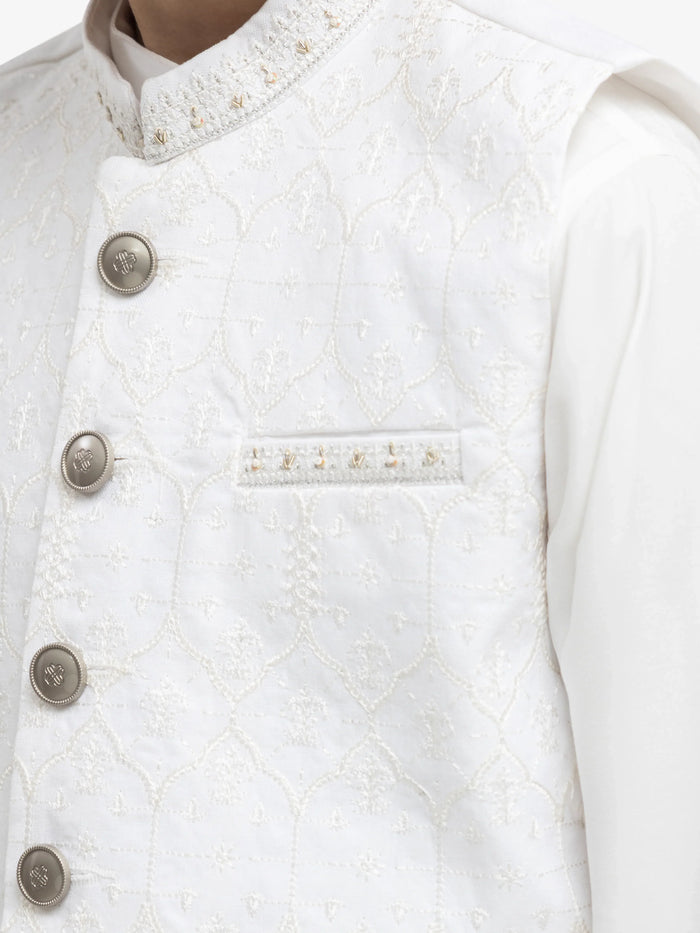 Off White Embroidered Cotton Waistcoat Suit