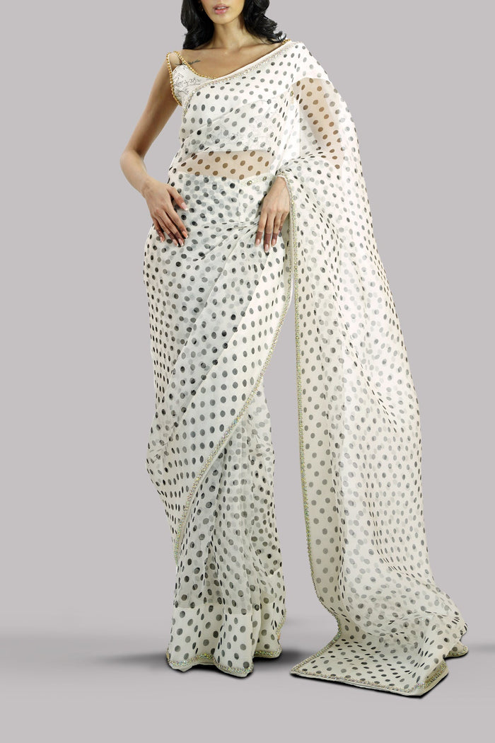 Egret Block Printed and Embellished Organza Sari